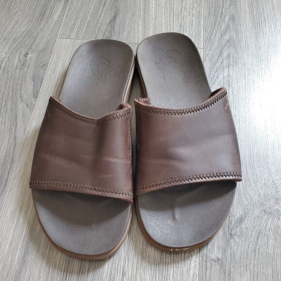 Olukai Sandal Alania Slide Mens 8 Brown Leather Fishing Beach - Picture 3 of 8